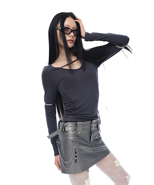 Leather Strap Mini Skirt_Metallic Silver