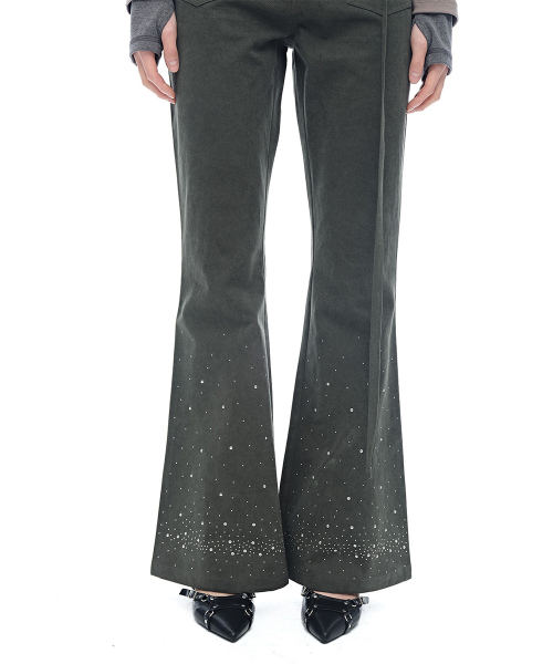 Metal Pearl Belted Bootcut Pants_Khaki