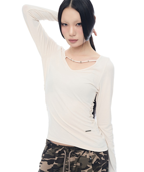 V-neck Strap Shirring T-shirt_Peach