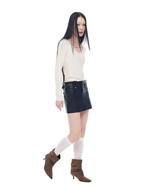 V-neck Strap Shirring T-shirt_Peach