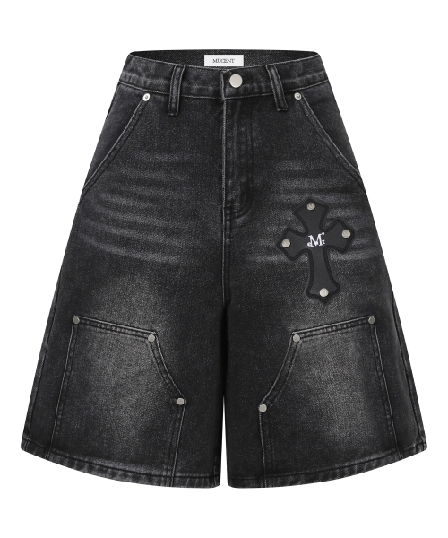 PRESET CROSS LEATHER PATCH DOUBLEKNEE BERMUDA DENIM PANTS UNISEX