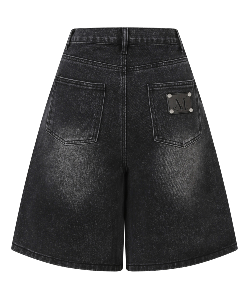 PRESET CROSS LEATHER PATCH DOUBLEKNEE BERMUDA DENIM PANTS UNISEX