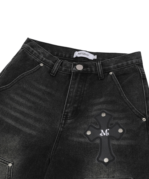 PRESET CROSS LEATHER PATCH DOUBLEKNEE BERMUDA DENIM PANTS UNISEX