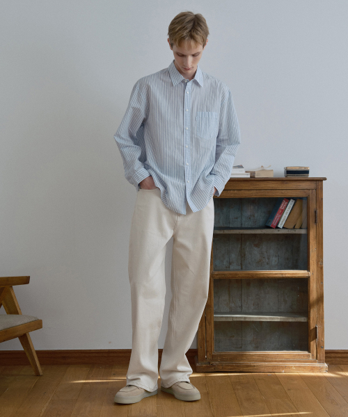 [COUTURE]Crease 50s Light Blue Stripe Oversized Fit Shirt