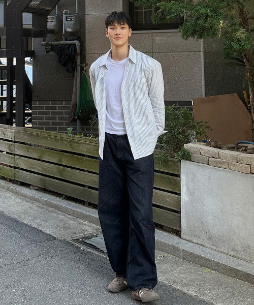 [COUTURE]Crease 50s Light Blue Stripe Oversized Fit Shirt
