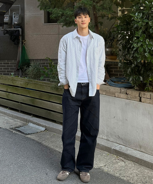 [COUTURE]Crease 50s Light Blue Stripe Oversized Fit Shirt