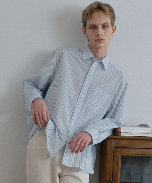 [COUTURE]Crease 50s Light Blue Stripe Oversized Fit Shirt