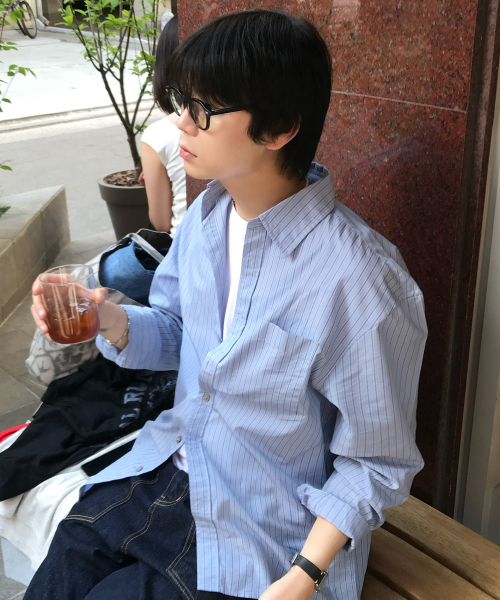 [ON]multi-strip overfit long-sleeve shirt