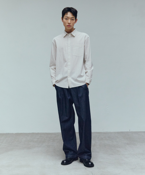 [ON]Stripe Cream Overfit Long Sleeve Shirt