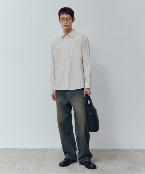 [ON]Stripe Cream Overfit Long Sleeve Shirt