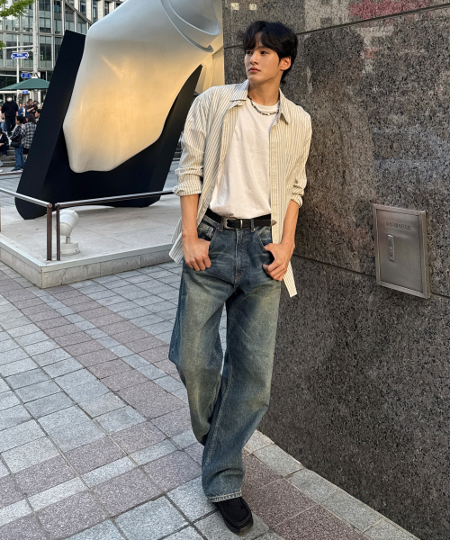 [ON]Stripe Cream Overfit Long Sleeve Shirt