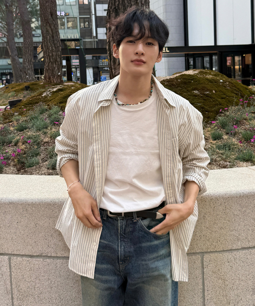 [ON]Stripe Cream Overfit Long Sleeve Shirt