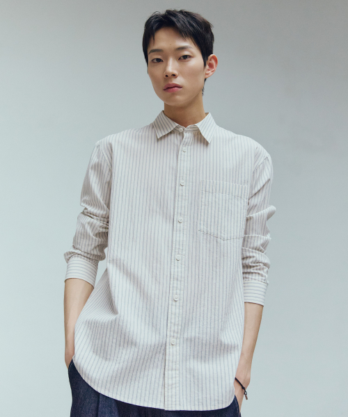 [ON]Stripe Cream Overfit Long Sleeve Shirt