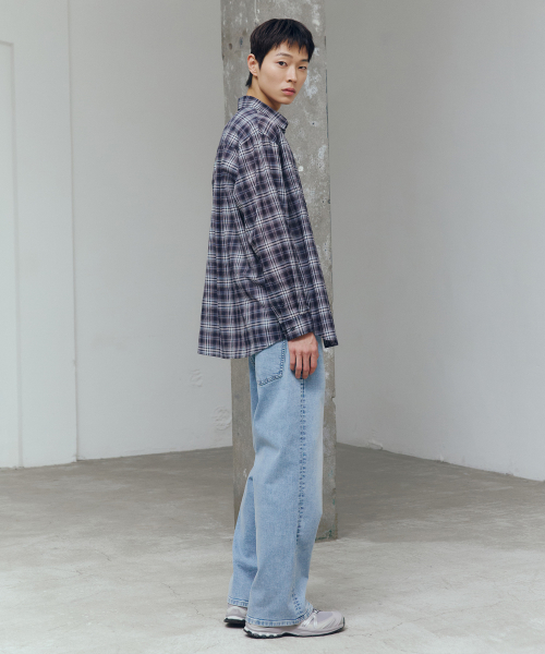 [ON]Krinkle Checkered Navy Oversized Fit Long-Sleeved Shirt