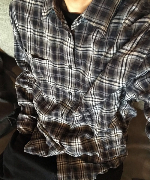 [ON]Krinkle Checkered Navy Oversized Fit Long-Sleeved Shirt