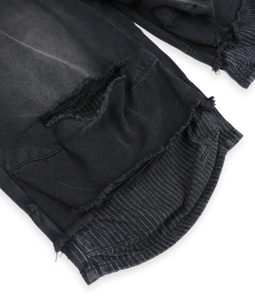 XP316 스트라이프 레이어드 버뮤다 데님 팬츠 (BLACK)