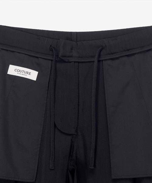 [COUTURE]Black wide one-tuck washer processed string full banding pants