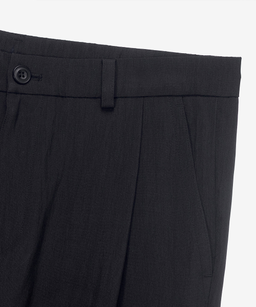 [COUTURE]Black wide one-tuck washer processed string full banding pants
