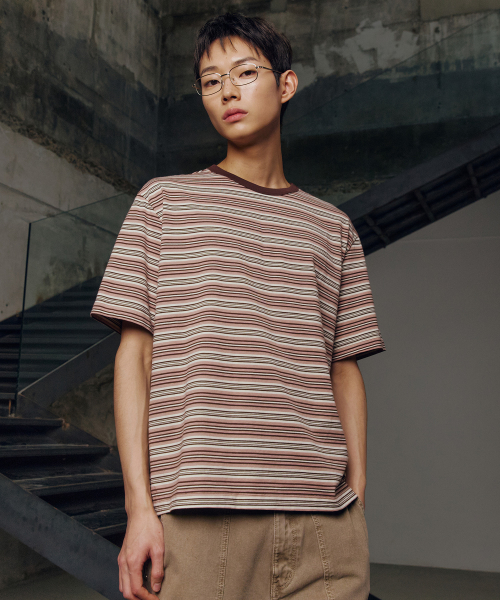 Cotton 100% Multi-Stripe Oversized Fit Short Sleeve T-shirt - 2color