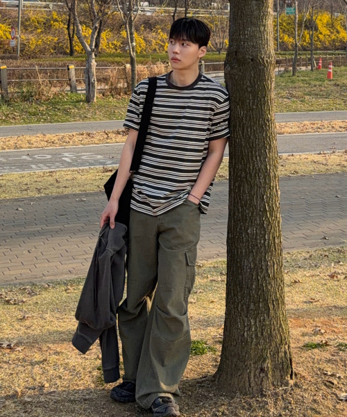 Cotton 100% Multi-Stripe Oversized Fit Short Sleeve T-shirt - 2color