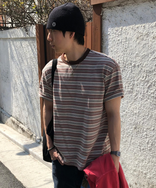 Cotton 100% Multi-Stripe Oversized Fit Short Sleeve T-shirt - 2color