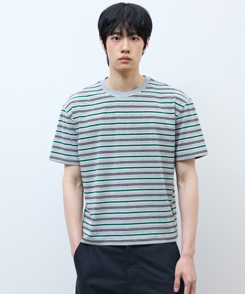 [ON]Multi-stripe cropped short-sleeved T-shirt - 2 colors
