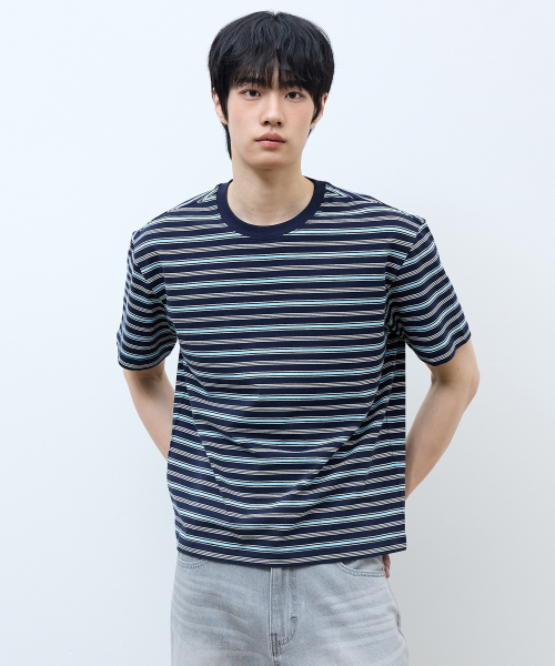 [ON]Multi-stripe cropped short-sleeved T-shirt - 2 colors