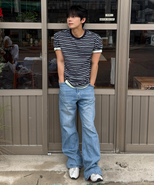 [ON]Multi-stripe cropped short-sleeved T-shirt - 2 colors
