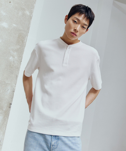 Waffle Henley Neck Daily Short Sleeve T-shirt - 3color