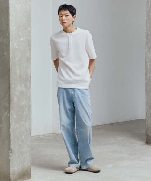 Waffle Henley Neck Daily Short Sleeve T-shirt - 3color