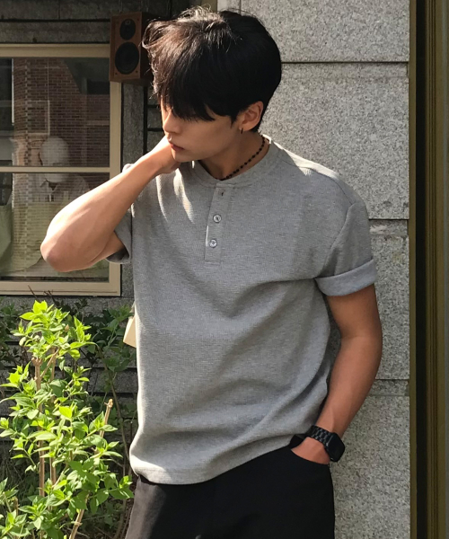Waffle Henley Neck Daily Short Sleeve T-shirt - 3color