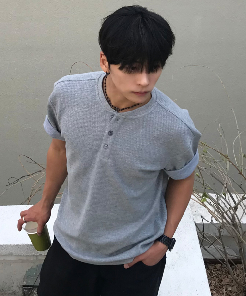 Waffle Henley Neck Daily Short Sleeve T-shirt - 3color