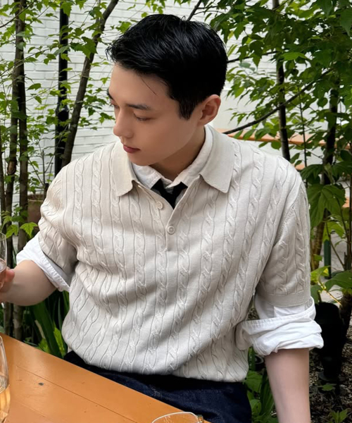 [SET][ON][Choose Collar Round] Linen Like Cable Oversized Fit Short Sleeve Knitwear - 6color