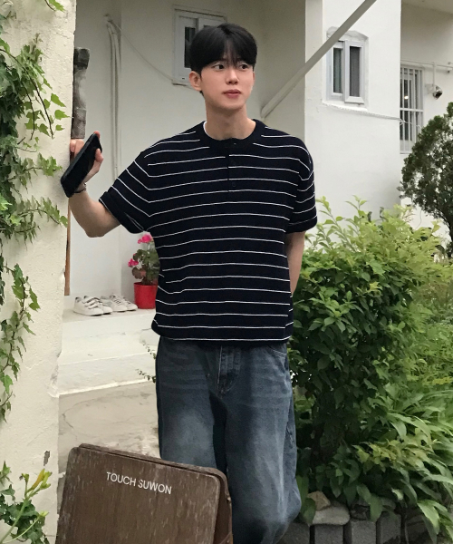 [ON]Linen Like Henley Neck Oversized Fit Short-Sleeved Knitwear - 5color