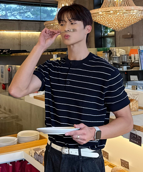 [2PACK][ON]Linen Like Henley Neck Oversized Fit Short-Sleeved Knitwear - 5color