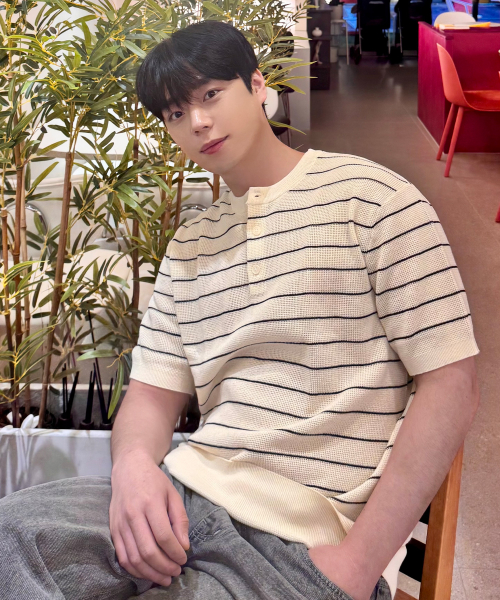 [2PACK][ON]Linen Like Henley Neck Oversized Fit Short-Sleeved Knitwear - 5color