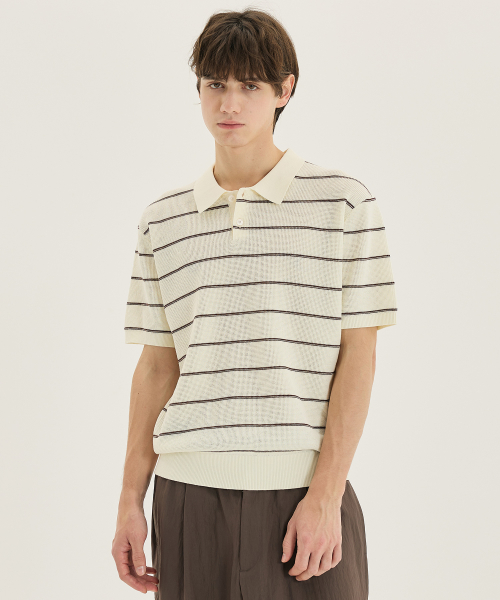 [COUTURE]Washable Modern Stripe Collar Short-Sleeved Knitwear - 2color