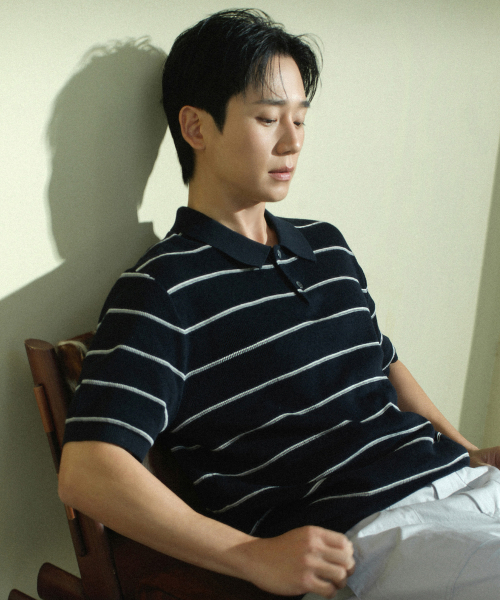 [COUTURE]Washable Modern Stripe Collar Short-Sleeved Knitwear - 2color