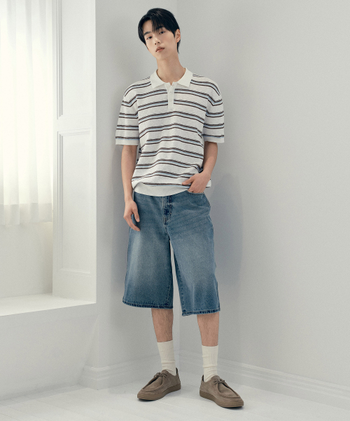 [COUTURE]Washable Multi-Strip Collar Short-Sleeved Knitwear - 2color