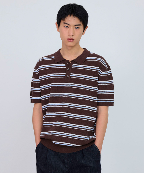 [COUTURE]Washable Multi-Strip Collar Short-Sleeved Knitwear - 2color