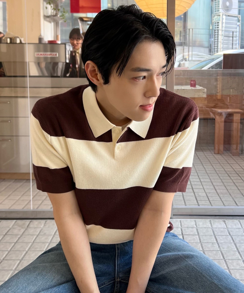 [COUTURE]Washable Block Stripe Semi-Oversized Fit Collar Short-Sleeved Knitwear