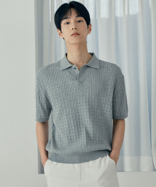 cable collar semi-overfit short-sleeved knitwear - 2color