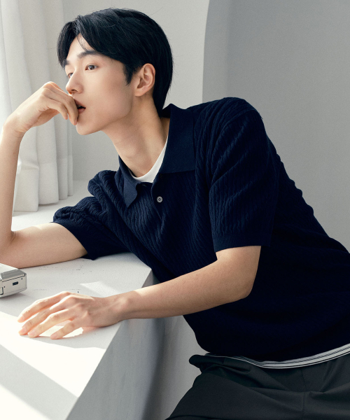 cable collar semi-overfit short-sleeved knitwear - 2color