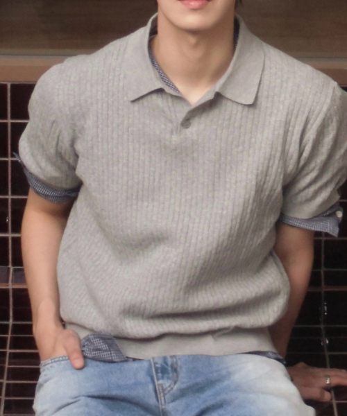 cable collar semi-overfit short-sleeved knitwear - 2color