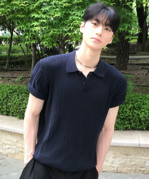 cable collar semi-overfit short-sleeved knitwear - 2color