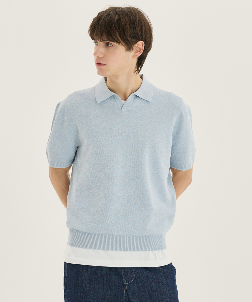 Washable linen like slit neck collar short-sleeved knitwear - 5color