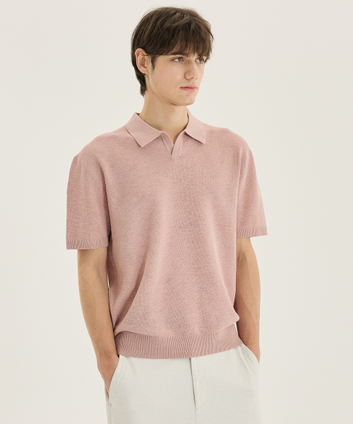 Washable linen like slit neck collar short-sleeved knitwear - 5color