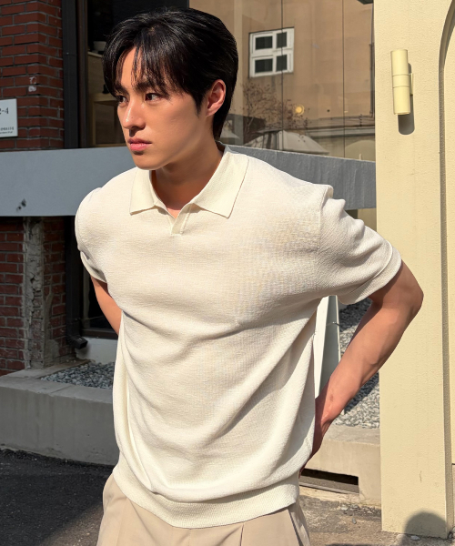 Washable linen like slit neck collar short-sleeved knitwear - 5color