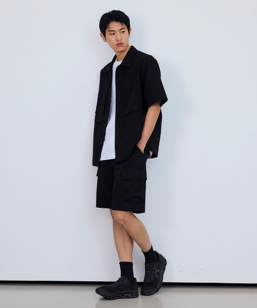 [Air Cool]Mesh Oversized Fit Black Out Pocket Short-Sleeved Shirt