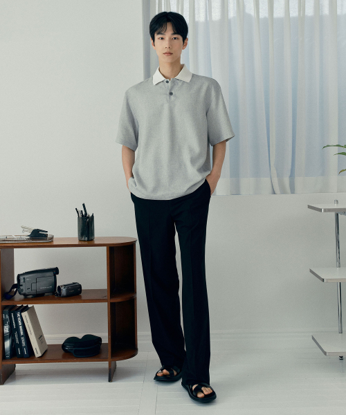 [COUTURE]Collar Point Pullover Gray Oversized Fit Short-Sleeved Shirt